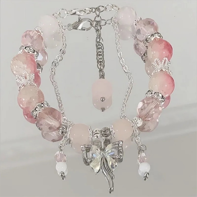 Korean Elegant Pink Crystal Flowers Butterfly Pendant Beaded Bracelet Sweet Cool Bracelet For Women Girls Trendy Hand 240625