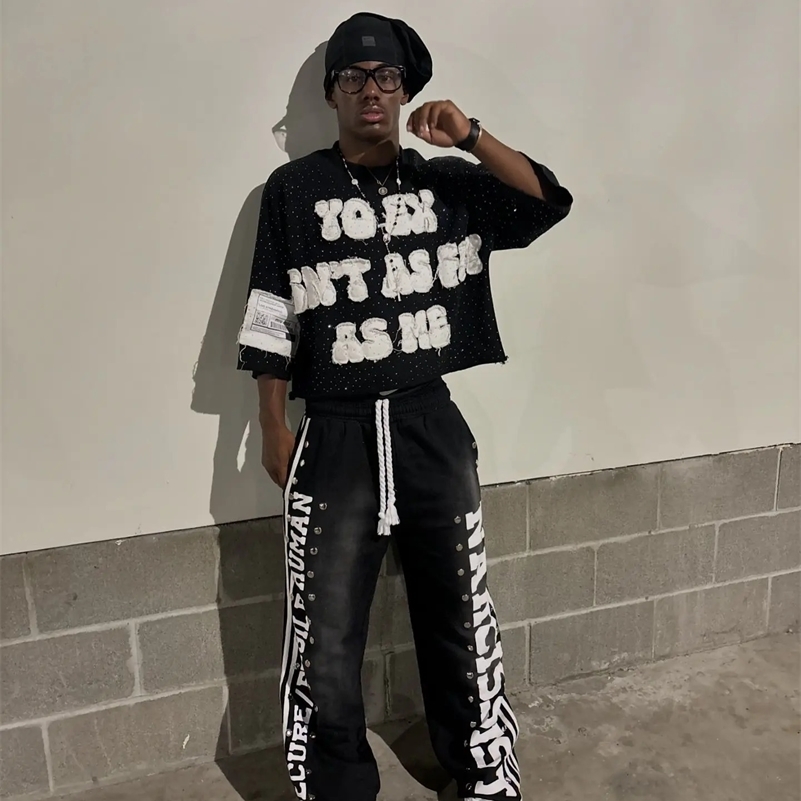 Gothic Letter Patchwork Y2k Clothes for Men Hip Hop Retro Sequin Striped Sweatpants T Shirt Two Piece Set Casual Tracksuit Men 250327
