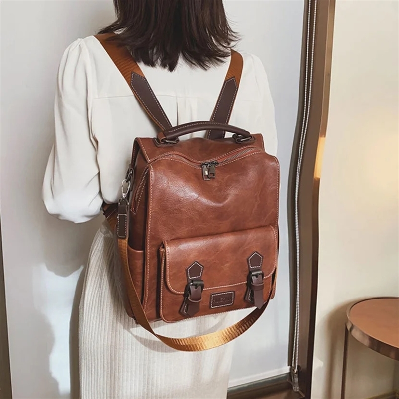 Fashionable womens backpack retro Pu leather daily bag brown womens casual travel bag retro student womens backpack 240918bj