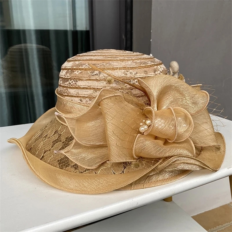 Ladies Fascinator Millinery Church Hat Elegant Bow Wide Brim Bucket Hats Fedora Women Summer Foldable Sun Cap 250521