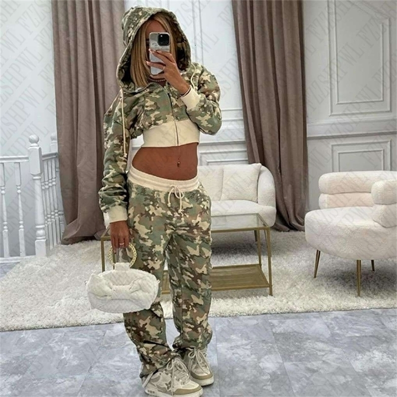 Fashion Women Clothes Camo Y2K Zip up Hoodie Punk Camouflage set Hip Hop Streetwear Pants Vintage American Style Zipper Jacket 250322