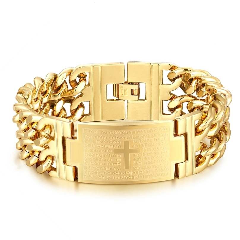 Punk Cuban Link Chain Bracelets Male Gold Color Stainless Steel Christian Bible Cross Charm Bracelet for Men Religious Jewelry 240507