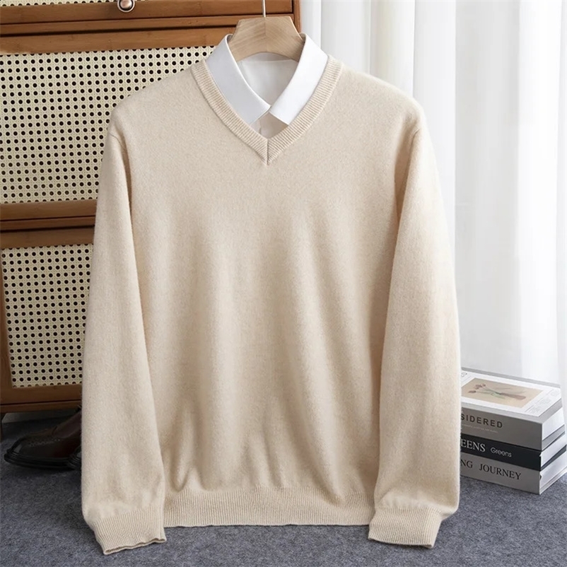 100% Merino Wool Mens V-neck Jumper Autumn/Winter Warm First-line Ready-to-wear Sweater Business Casual Mens Basic Knit Top 240729