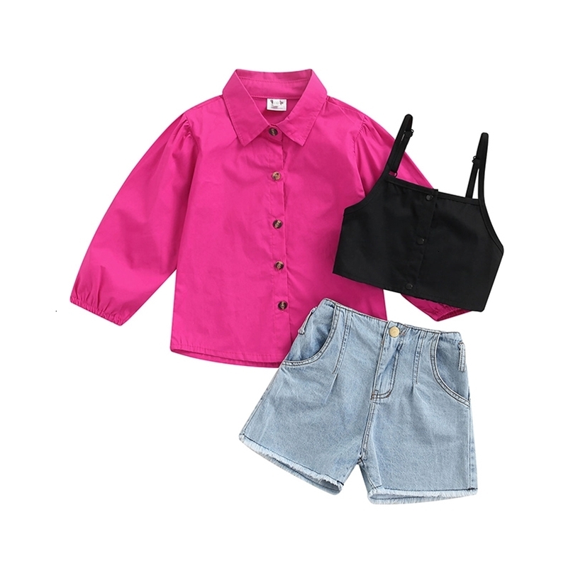 Clothing Sets Infant Kids Baby Girls Shorts Set Lapel Button Long sleeved Shirt Camisole Vest High Waist Closed Breeches Suit 1 6Y 221118