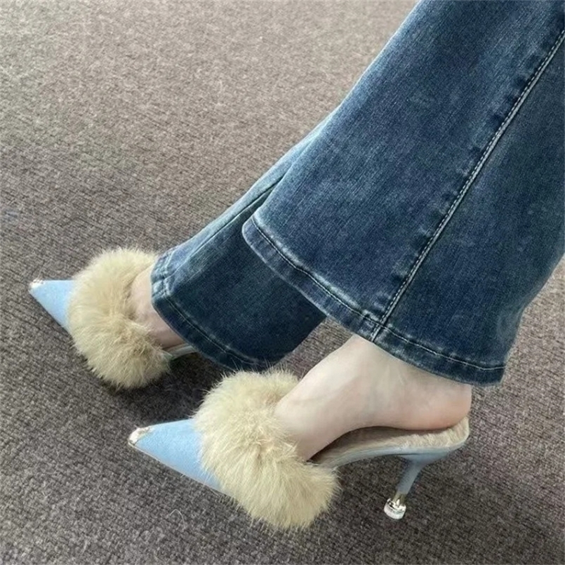 Ladies Shoes Baotou Womens Slippers Fashion faux Fur Dress Slippers Women Sexy Pointed Toe Solid Heels Women Zapatos 250122
