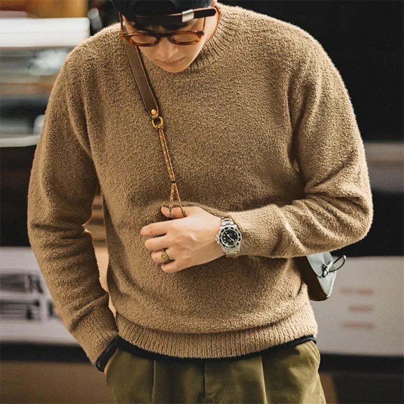 Maden Vintage Half Turtleneck Solid Color Sweater Mens Autumn and Winter Thin Fluffy Knitted Sweaters Halloween Men Pullovers 240914