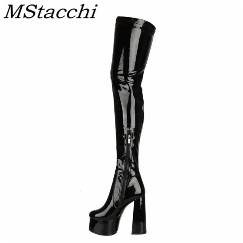 Nightclub womens thick high heels Glisten patented leather high platform boots sexy solid color high heels womens high boots 240731bj