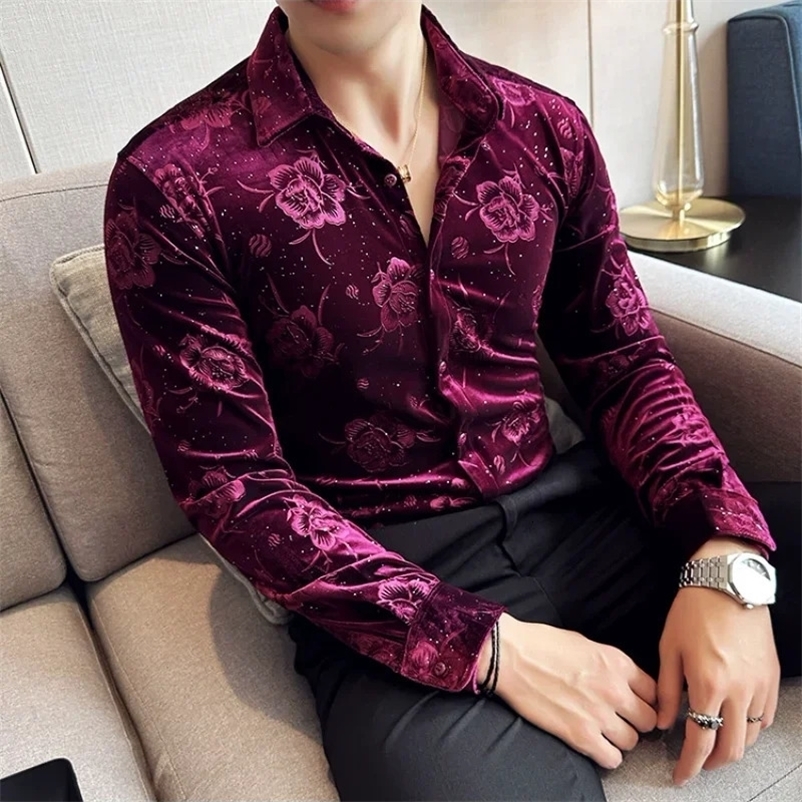 Mens autumn and winter swan velvet shirt printed long sleeved casual business dress formal social party evening dress 241113bj