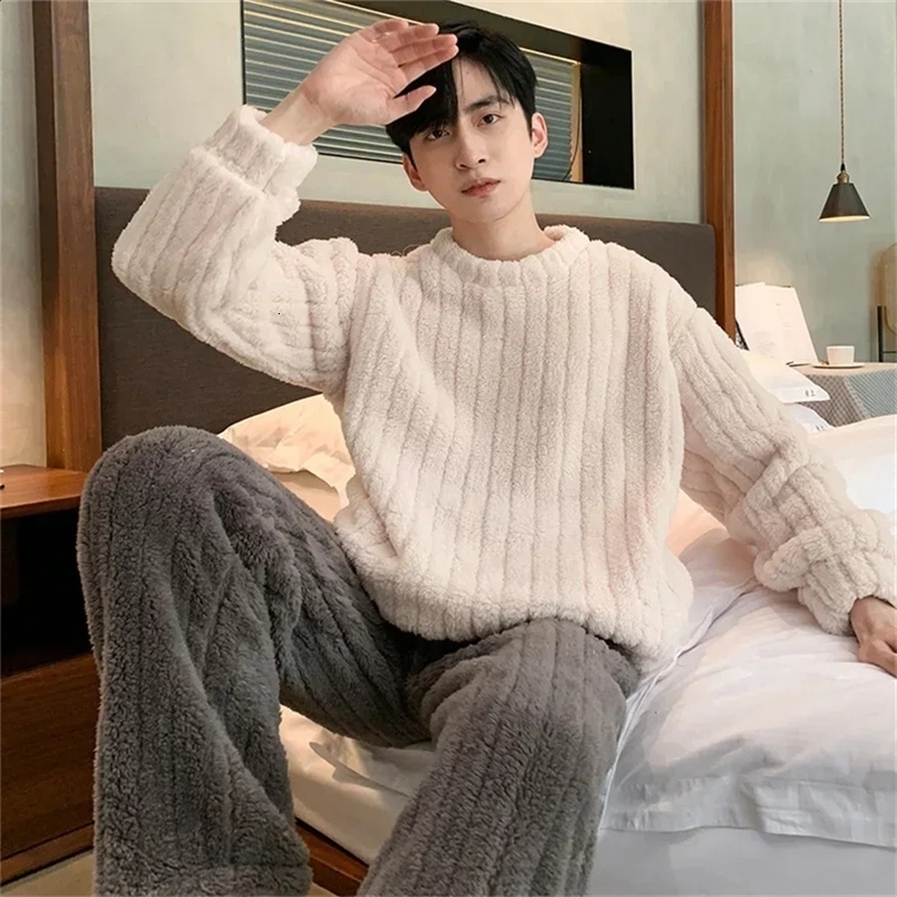 Casual Mens Autumn Winter Warm Pajamas Set Warm Coral Fleece Striped Pullover Plush Pants 2Pcs Sleepwear Male Loose Homewear 240828