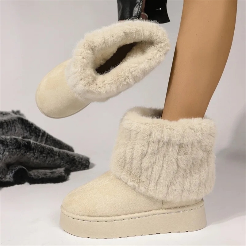 Womens shoes for winter sliding black round toes solid wood plush warm mid heel waterproof casual snow boots 240926bj