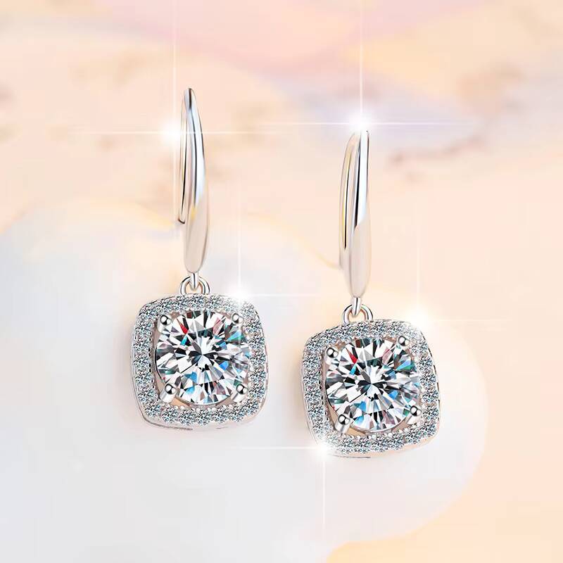 Fine Jewel Stylish Wedding Engagement 1CT Round Cut Diamond Earrings S925 Sterling Silver square VVs1 Moissanite Dangle Earrings