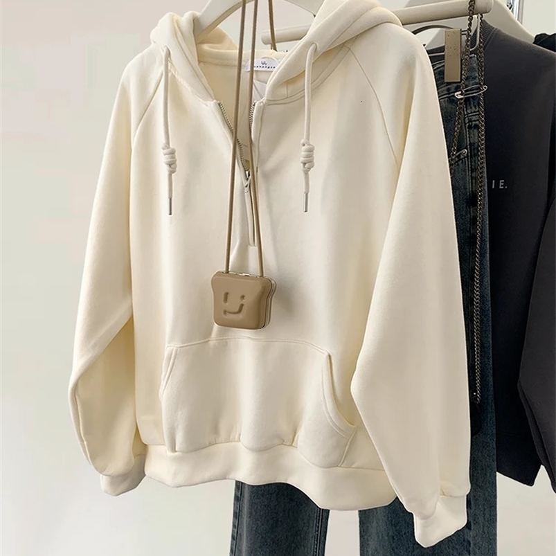 Women Hoodie Harajuku Loose Oversized Solid Color Top Half Zipper Sweatshirt Casual Versatile Long Sleeve Pocket Hooded Coats 240819