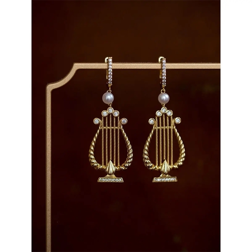 Dangle Chandelier Stylish Vintage 14K 18K Gold Plated Harp Pearl Ear Drop Long Tassel Zircon Earring Women Unique Italy Art Deco Jewelry 231208