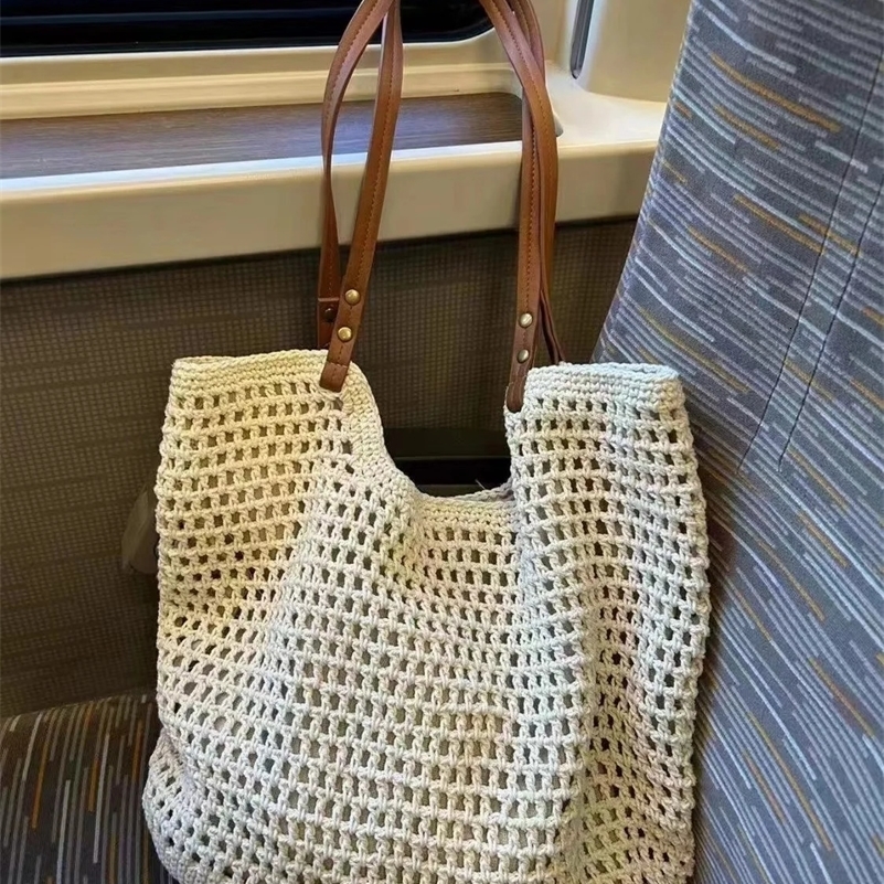 Leisure hollow mesh large capacity hand-held tote bag cotton woven shoulder bag summer Bali beach vacation womens bag 250410