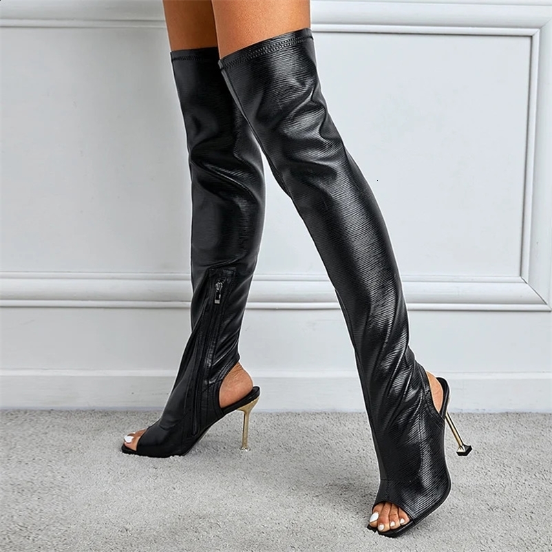 Spring and Autumn Sexy Zipper Metal Thin Lace Open Lace Leather Above Knee Boots Womens Party Club Stripping Shoes Women 240731bj