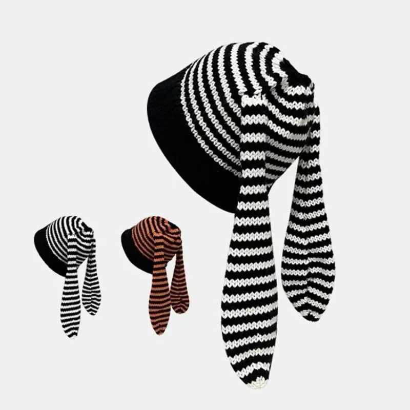 Korean Trendy Brand Cute Rabbit Ears Knitted Striped Pullover Wool Hat Female Y2k Shopping Fashion Warm Cold HatXJ250923