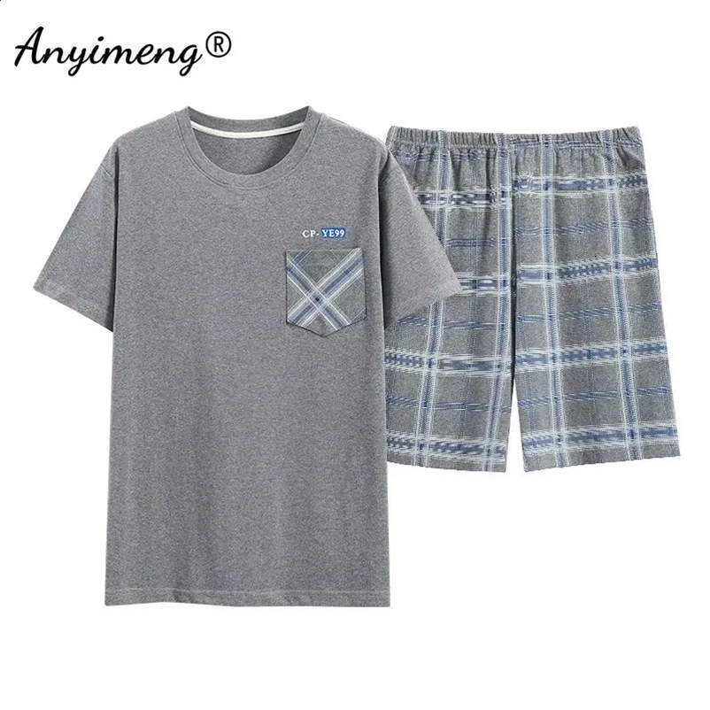 Mens L-5XL Summer Cotton Homesuit Fashion Elegant Plaid Pants Shorts Pajamas Set for Man Leisure Sleepwear Boys Pullover Pijamas 240826