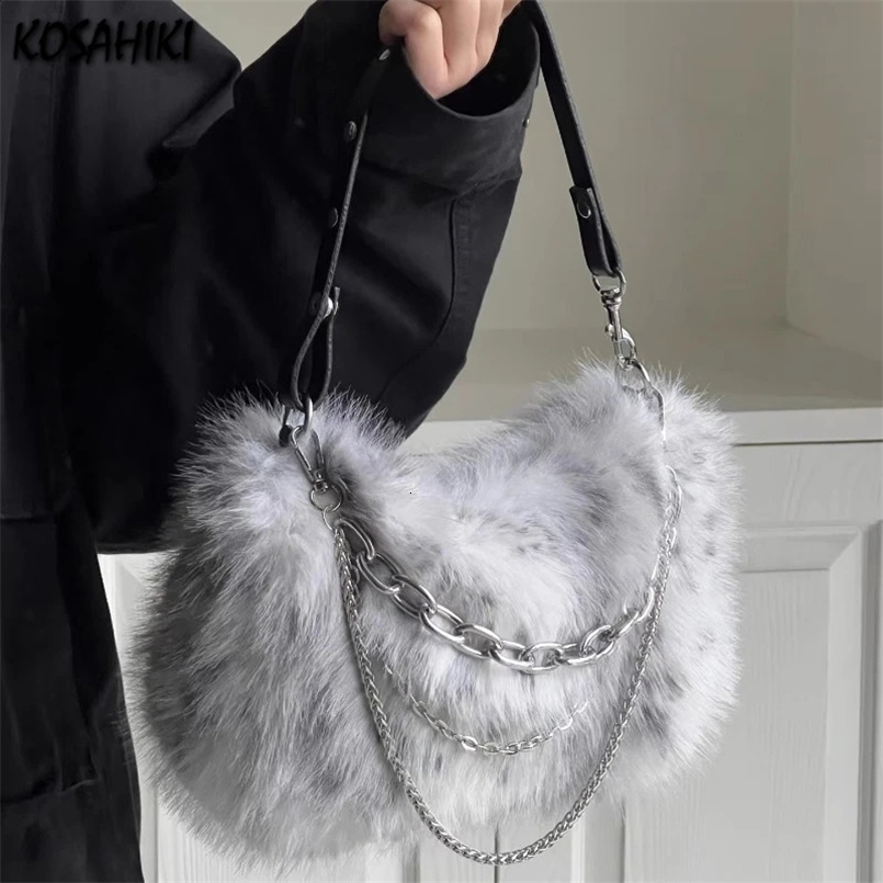 Fashion Fluffy Y2k Top-Handle Bags Elegant Office Lady Shoulder Underarm Bag Korean Chain Sweet Women Purses and Handbags 241228