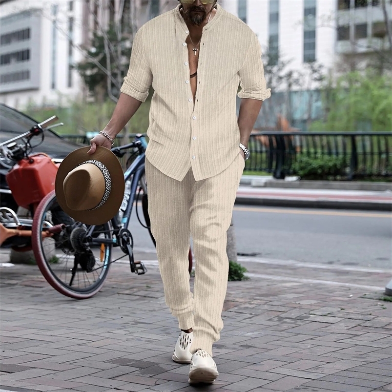 Spring and autumn mens solid color striped stand collar long sleeve casual shirt comfortable trend sports fashion suit 240819