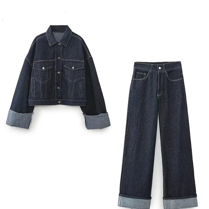 TRAF 2024 Spring Womens Fashion Solid Denim Womens Collar Long Sleeve Button Cut CoatWomens Wide Leg Pants 2-piece Set 241206bj