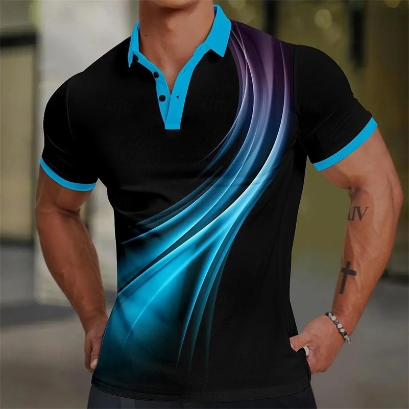 Mens Polo Shirt 3d Colorful Line Print Short Sleeve Polo T Shirts For Men Fashion Man Clothes Loose Oversized Golf Sport Shirts 250327