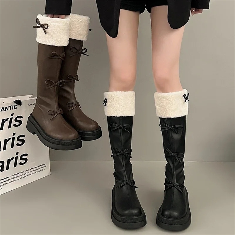 Sweet Butterfly Knot Womans Boots Korean Style Fashion Brown High Boots Plush Thickened Winter Ladies Knee-High Boots 250103bj