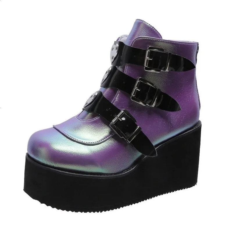Size 42 43 Gothic Shoes Winter Buckle Ankle Boots Womens Punk Womens Platform Boots Wedge High Heels Womens Boots Botas Mujer 240903bj