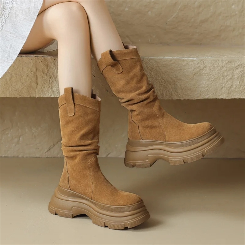 Retro platform thick high-heeled womens western cowboy boots fashionable skate shoes autumn and winter Ledes compact small leg boots 241203bj