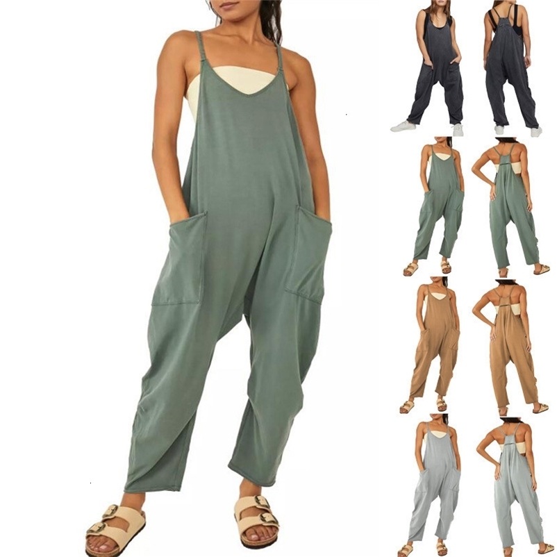 Women's Jumpsuits Rompers Casual Jumpsuit Women Spaghetti Strap Sleeveless Loose Wide Leg Rompers with Large Pocket Pants Summer Solid Bib Over