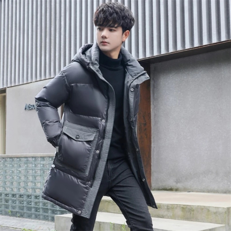 Casual Winter Mens Mid-Length Warm Duck Down Jackets Outwear Solid Color Windproof Long Hooded Puffer Coat Thick Down Tops 240830