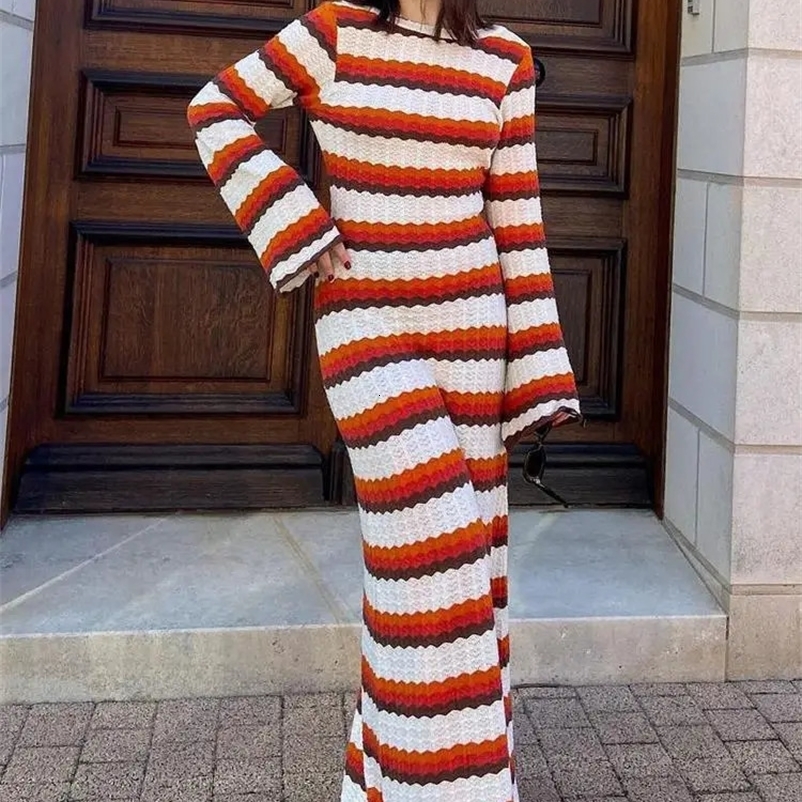 Fashion Knitted Crochet Stripe Maxi Dress Women Elegant Horn Sleeve Beach Dress Female Holiday Evening Party Chic Long Dresses 240828