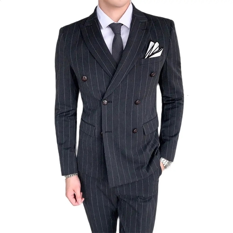 Striped mens coat set mens double chest ultra-thin suitable for business formal wedding beauty 3-piece set jacket pants vest 240821bj