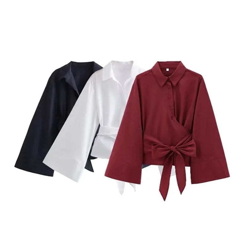TRAF womens long sleeved kimono top bow tie front button womens shirt chic top fashionable 241230