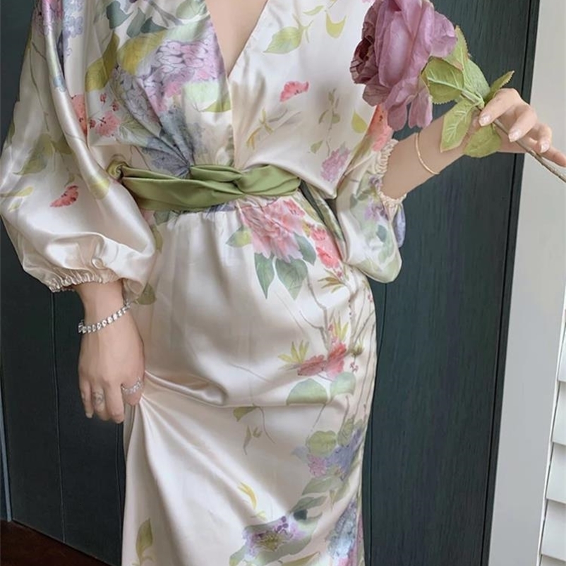 Basic Casual Dresses Horetong Temperament Retro Women Dress Printing Elegant V Neck Long Sleeve Sashes Maxi Dresses Summer Long Elegant Dress 230531