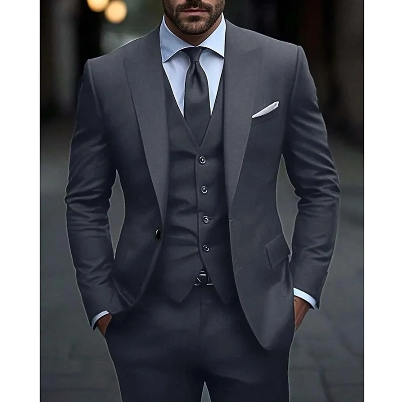 Dark Grey High Quality Men Suits Slim Fit Single Breasted Lapel Elegant Groom 3 Piece Jacket Pants Vest Male Sets 250822