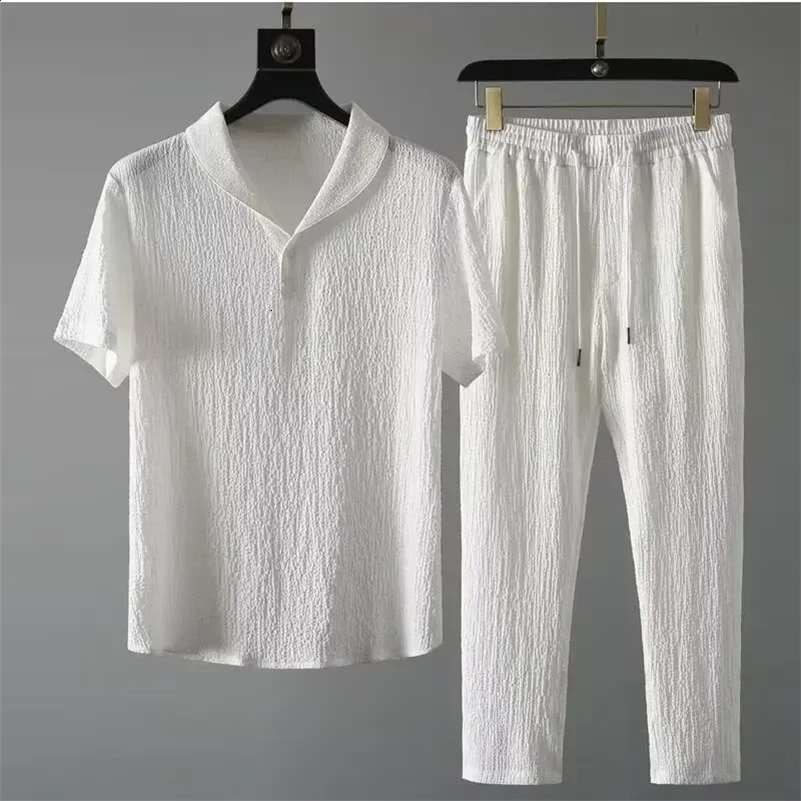 Summer Ultra-thin Five-piece Ice Silk Linen Suit Mens Cotton Linen 2-piece Set Loose-fit Mid-sleeve T-shirt Sports Wear 250327
