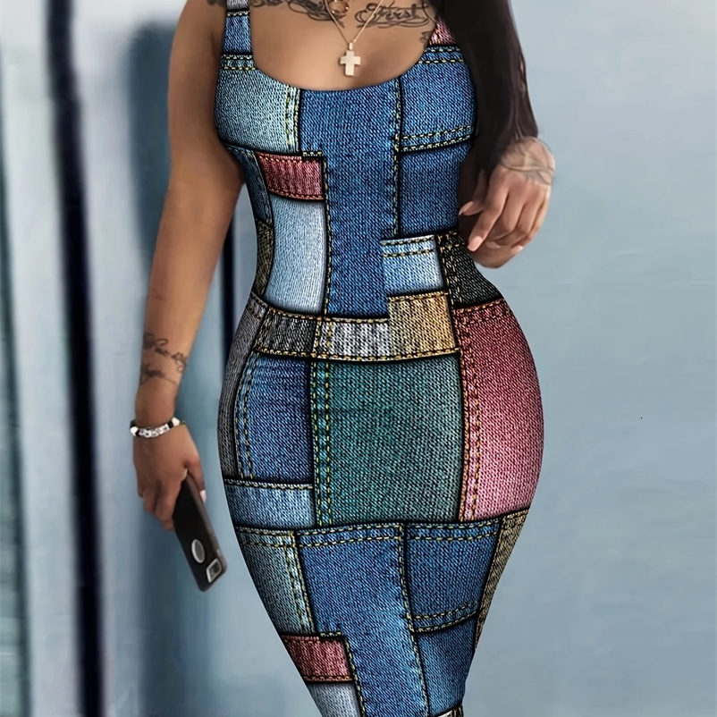 Plus Size Denim Print Fashion Dress - Eye-Catching Colorblock Soft Stretch Flattering Bodycon Fit Midi Length for Stylish Women250414bj
