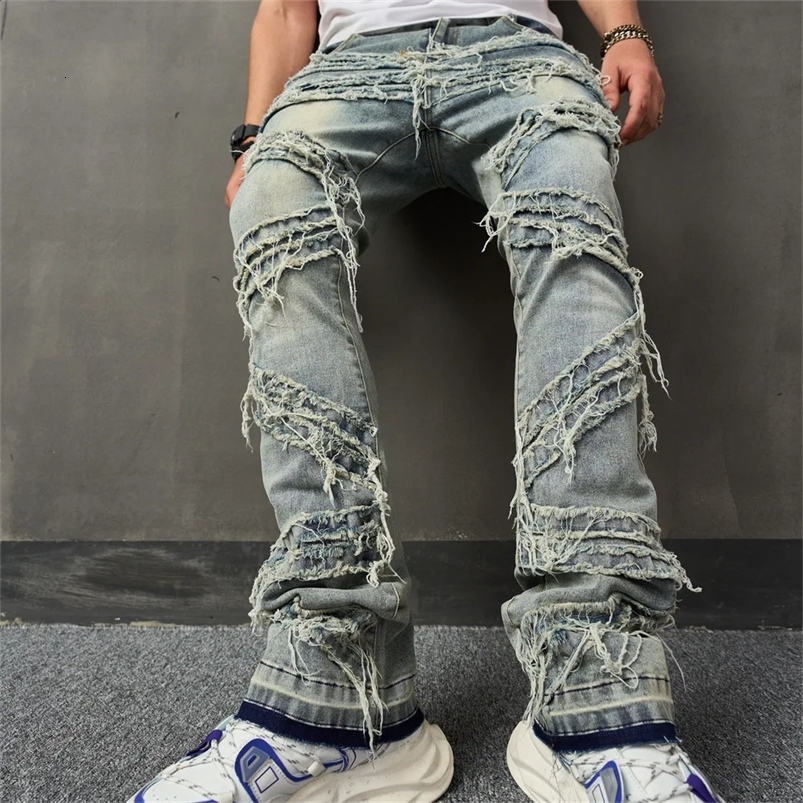 European and American Distressed Stitching Jeans for Mens Fashion Retro Wearing Out Hip-hop Elastic Denim Pants 240819