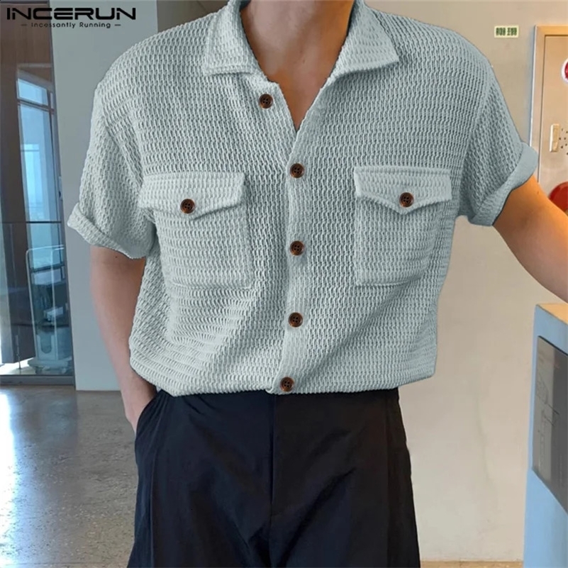 Stylish Streetwear Style Tops INCERUN Mens Mesh Hollow Double Pocket Shirts Casual Solid Short Sleeved Blouse S-5XL 250327
