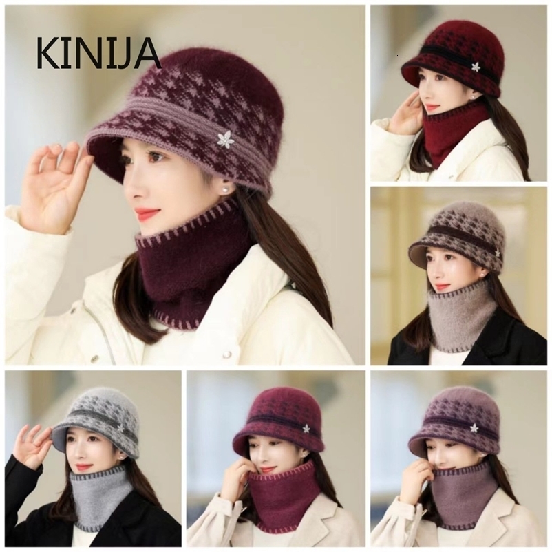 Beanie Skull Caps Casual Winter Knitted Hat Windproof Keep Warm Scarf for Women Elegant Thick Rabbit Fur Bucket Beanies Cap 230831bj