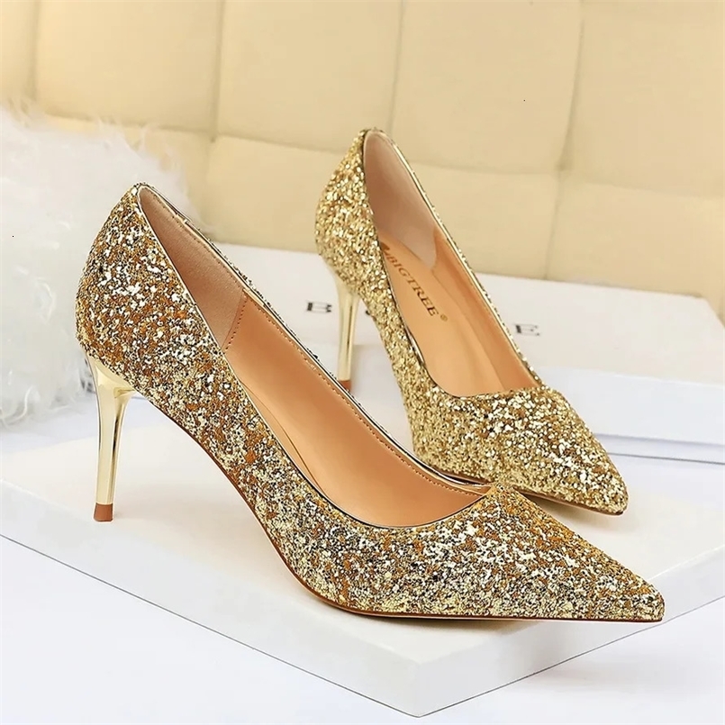 Women 7cm 9.5cm High Heels Pumps Wedding Scarpins Sparkly Mid Low Heels Lady Sequins Glitter Evening Gold Silver Fashion Shoes 241030