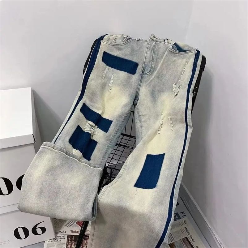 Men and women trendy high street retro washed ripped color blocked jeans summer hip-hop loose straight leg casual pants y2k 240828