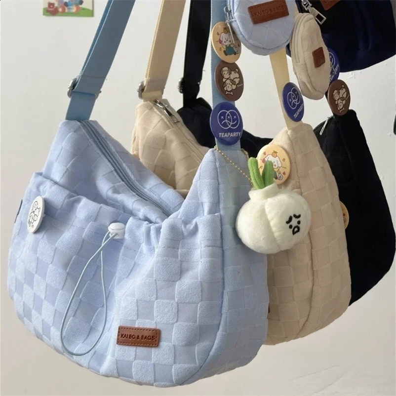 Xiuya Harajuku Style College Crossbody Bag Solid Color Plaid Print Large Capacity Shoulder Bag Cute Fashion er Handbag 250417bj