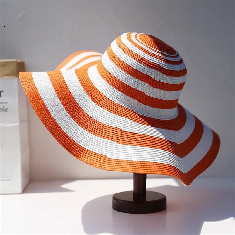 Wide Brim Hats Bucket Womens High Quality Folding Straw Hat Beach 11cm Brown Sun Fashion Stripe 231006bj
