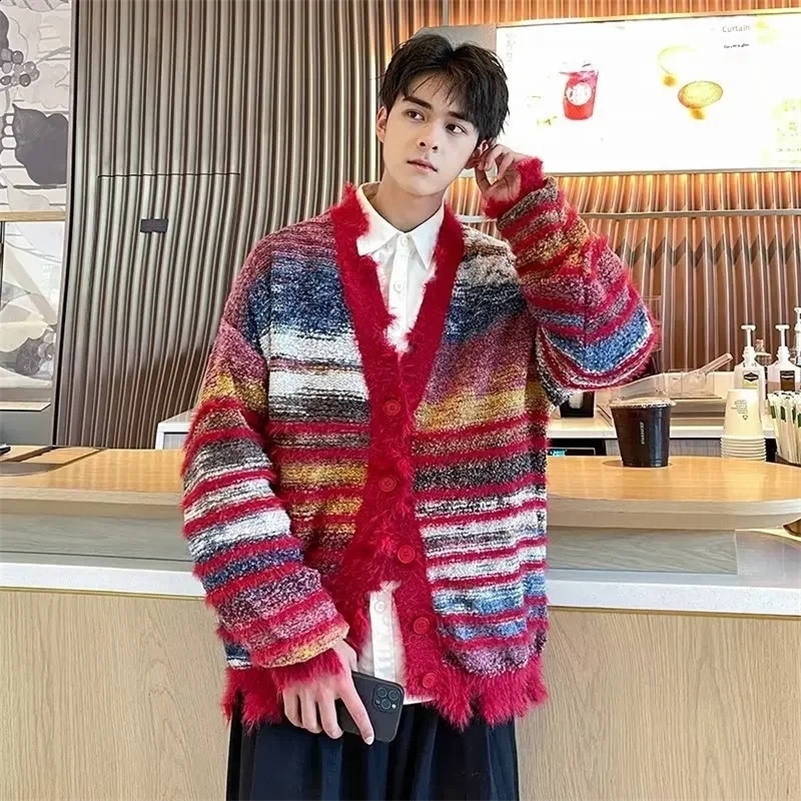 Autumnwinter V-neck American Style Vintage Color Block Cardigan Sweater For Men Trendy Niche Loose-fit Knitted Top Jacket 241209