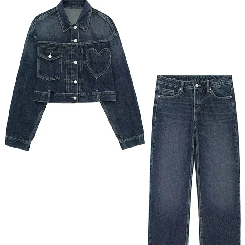 TRAFZA Womens Denim Set with heart-shaped pockets lapel collar long sleeved cut loose jacket button up womens mid waist straight leg jeans 241206bj