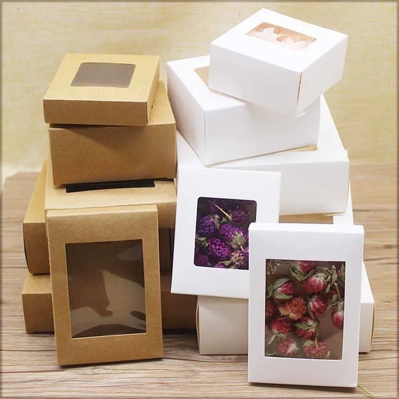 10pcs DIY GIfts package with window whitekraft christmas gifts box cake Packaging For Wedding home party muffin packaging box 240625