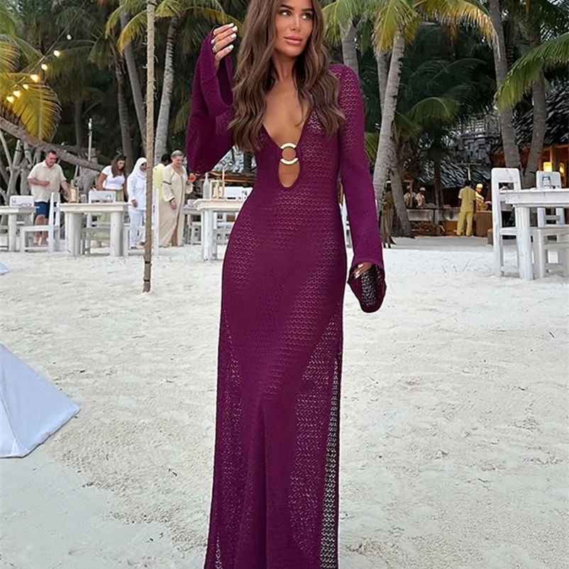 Sexy hollow outer metal buckle splicing knitted womens Maxi dress fashionable full sleeved high waisted long skirt womens beach party dress250425bj