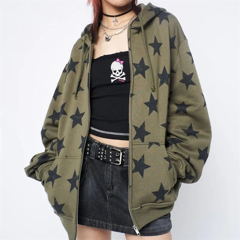 Y2k Clothes Vintage Star Oversized Sweatshirt Jacket Harajuku Goth Long Sleeve Women Sweatshirt 2000s Hip Hop Zip Up Hoodies Top 240724