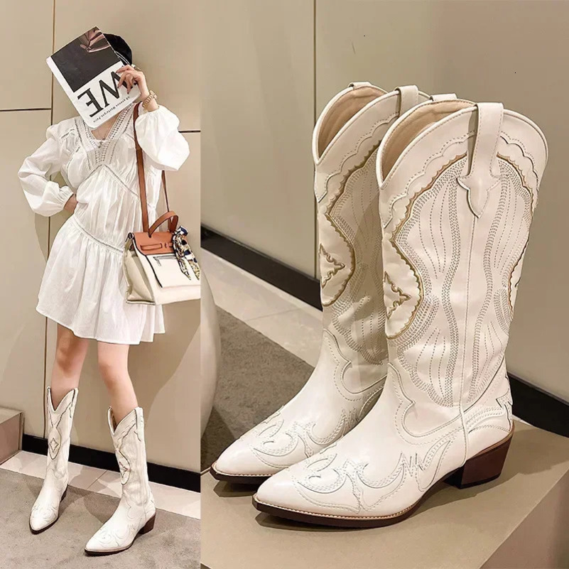 Womens Embroidered Western Mid Calf Boots Cowboy Square Heels Boots Pointed Toe Platform Boots Women Western Shoes Plus Size42 240601